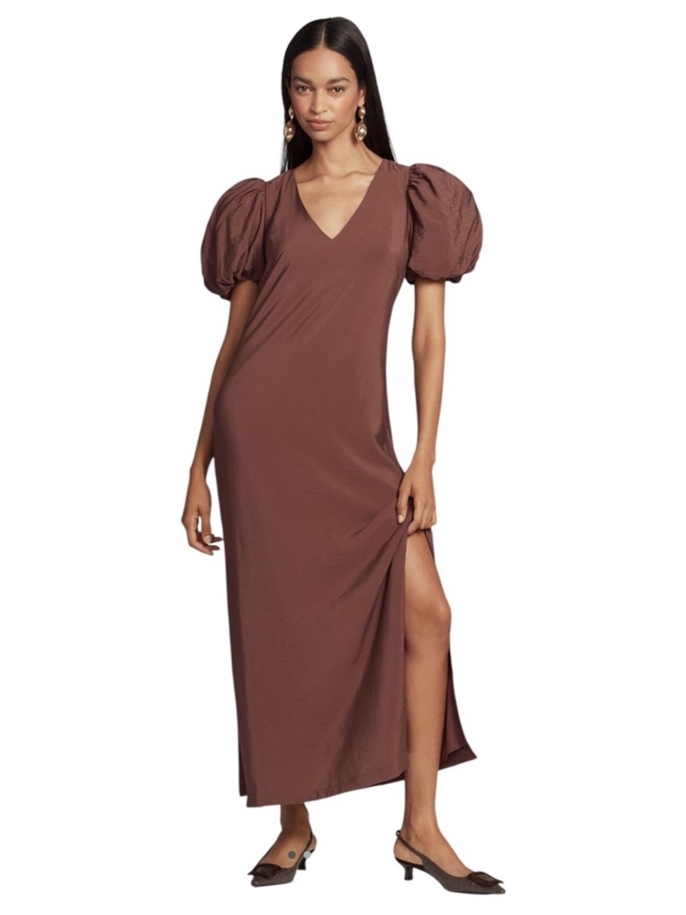 NWT Anthropologie Chocolate Brown V-Neck Maxi Dress with Puff Sleeves Size L